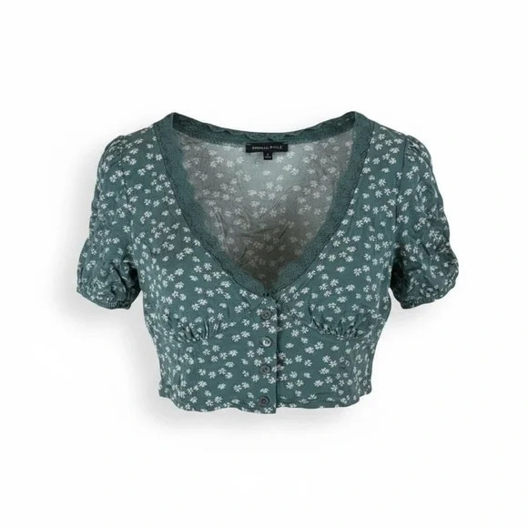 Kendall & Kylie White and Green Tie Front Crop Blouse - Picture 3 of 6
